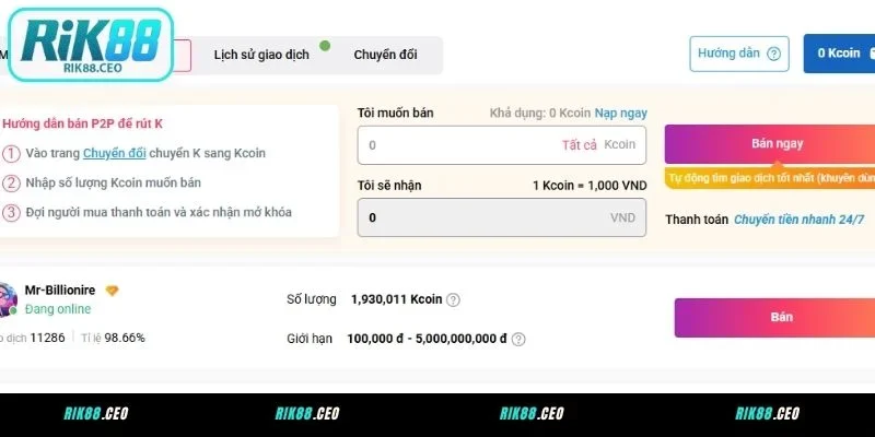 Hướng dẫn giao dịch P2P tại nhà cái RIK88