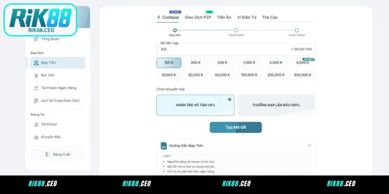 Nạp tiền RIK88 qua Codepay